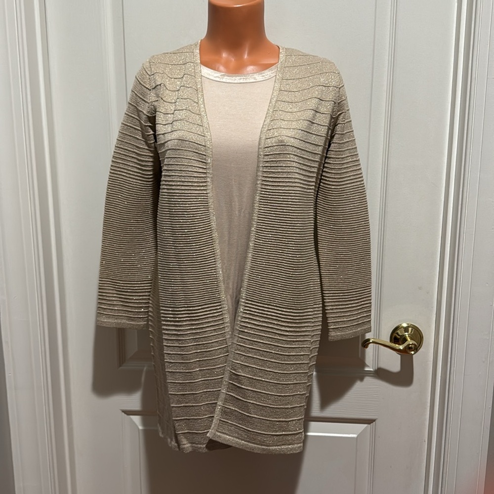 ALFANI 2p Lurex Stitch Metallic Open Cardigan & Tee Cocoa Butter PS SP NWT $115